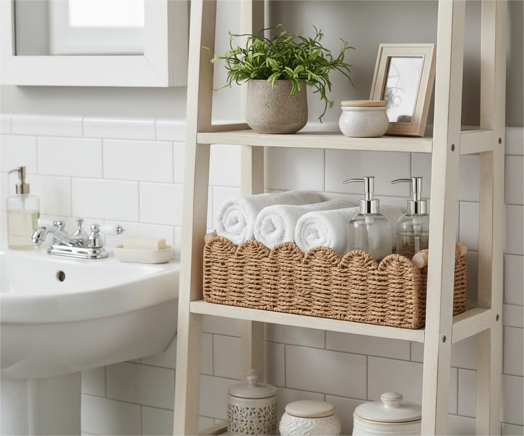 CubesLand Scalloped Toilet Paper Storage Basket W/Handle for Home Decor | Paper Rope Toilet Organizer Basket for Countertop. Over Toilet Shelf. End Table. Living Room. Bedroom Decor & More. Neutral - Image 3