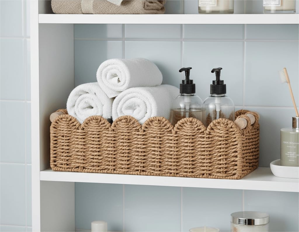 CubesLand Scalloped Toilet Paper Storage Basket W/Handle for Home Decor | Paper Rope Toilet Organizer Basket for Countertop. Over Toilet Shelf. End Table. Living Room. Bedroom Decor & More. Neutral - Image 7