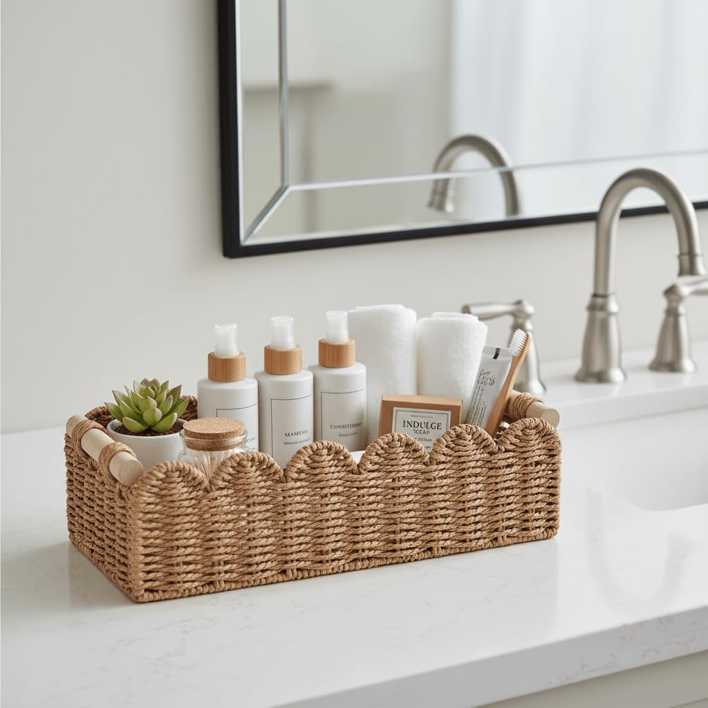 CubesLand Scalloped Toilet Paper Storage Basket W/Handle for Home Decor | Paper Rope Toilet Organizer Basket for Countertop. Over Toilet Shelf. End Table. Living Room. Bedroom Decor & More. Neutral - Image 6