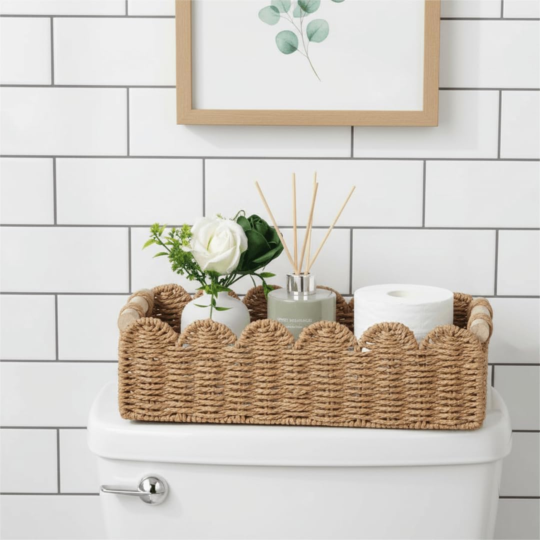 CubesLand Scalloped Toilet Paper Storage Basket W/Handle for Home Decor | Paper Rope Toilet Organizer Basket for Countertop. Over Toilet Shelf. End Table. Living Room. Bedroom Decor & More. Neutral - Image 2