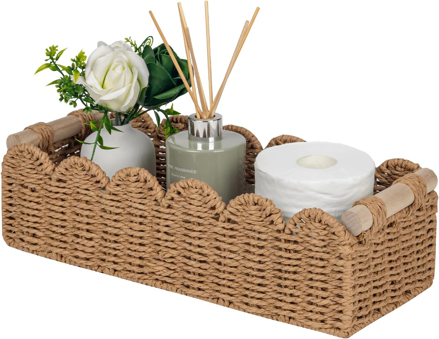 CubesLand Scalloped Toilet Paper Storage Basket W/Handle for Home Decor | Paper Rope Toilet Organizer Basket for Countertop. Over Toilet Shelf. End Table. Living Room. Bedroom Decor & More. Neutral