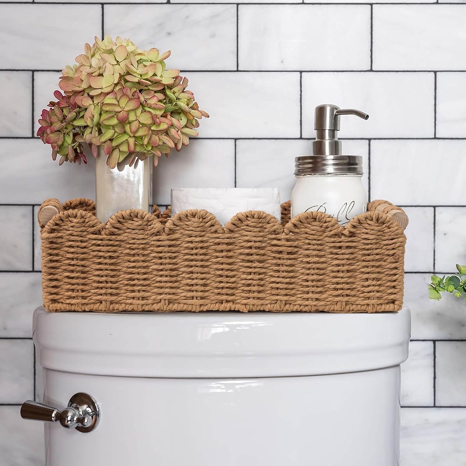 CubesLand Scalloped Toilet Paper Storage Basket W/Handle for Home Decor | Paper Rope Toilet Organizer Basket for Countertop. Over Toilet Shelf. End Table. Living Room. Bedroom Decor & More. Neutral - Image 9