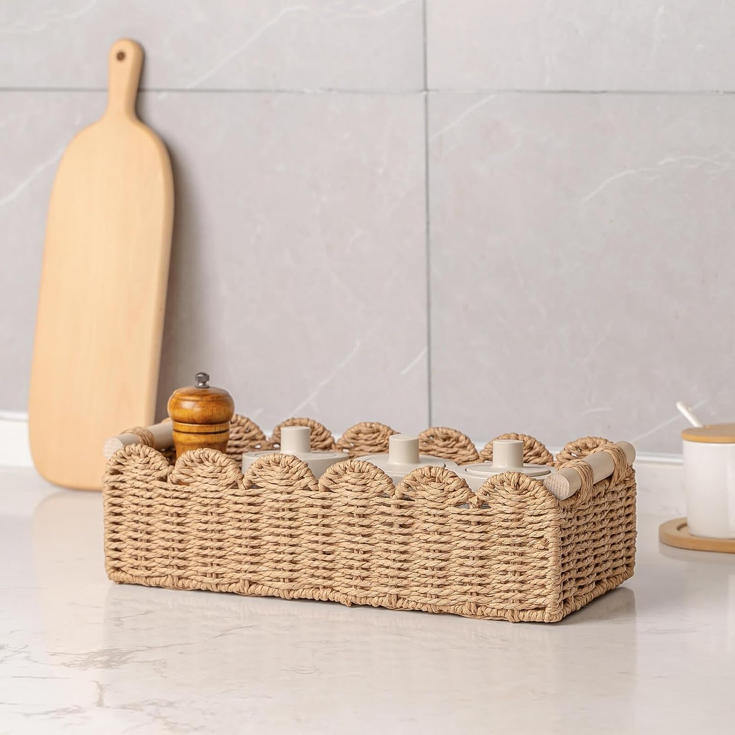 CubesLand Scalloped Toilet Paper Storage Basket W/Handle for Home Decor | Paper Rope Toilet Organizer Basket for Countertop. Over Toilet Shelf. End Table. Living Room. Bedroom Decor & More. Neutral - Image 8